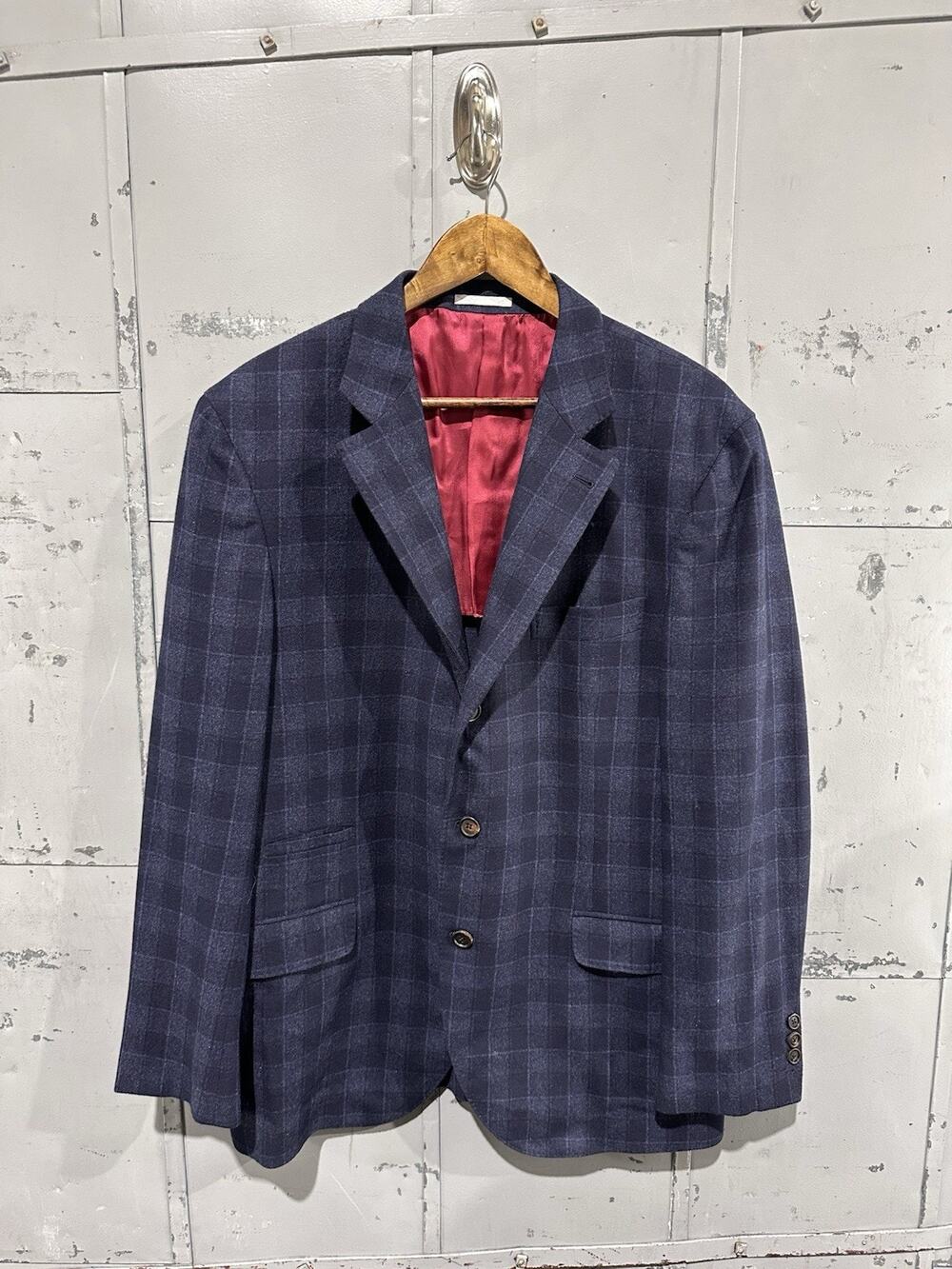 Brunello Cucinelli Wool Silk Cashmere Blend Navy Plaid Blazer Jacket Mens 54